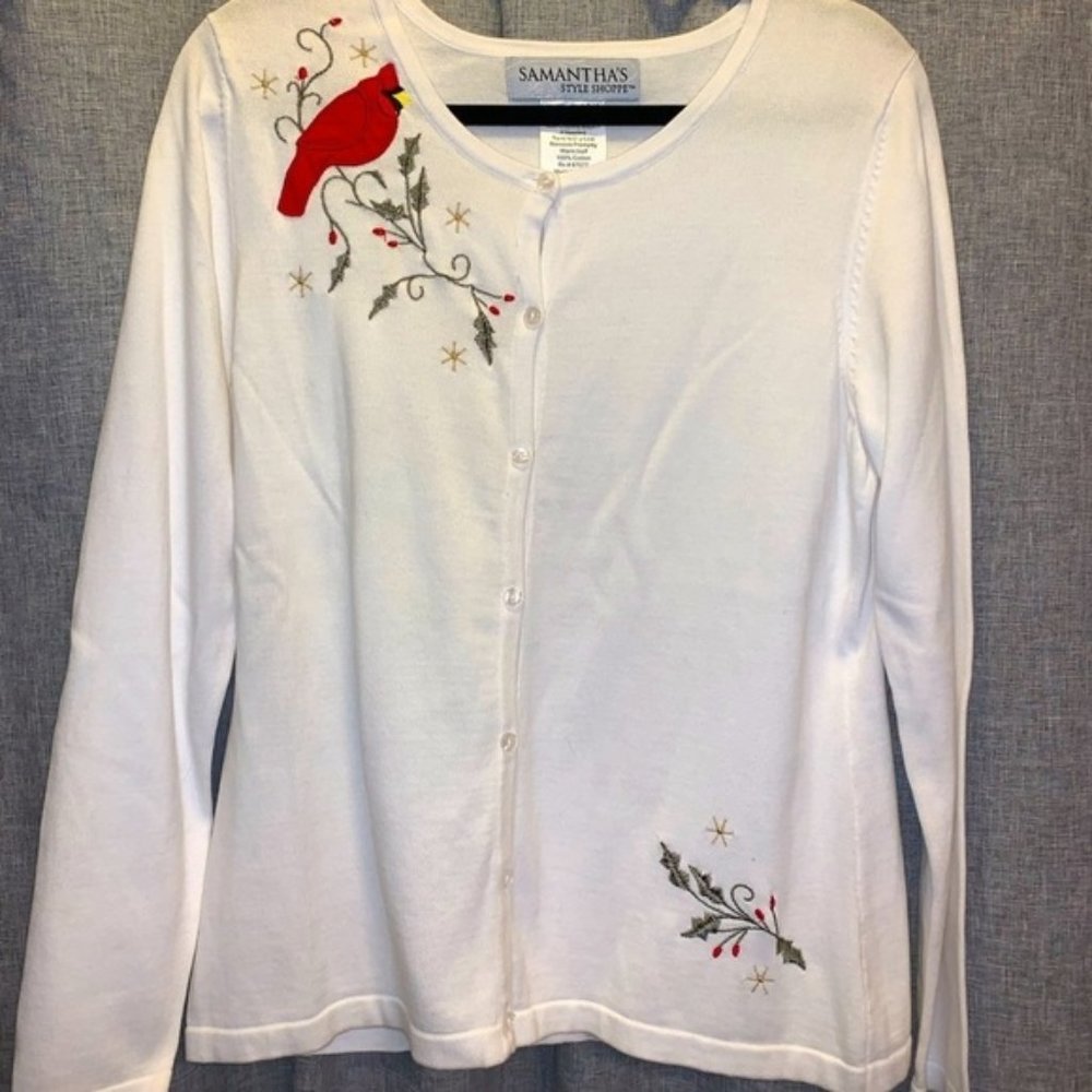 Womens medium white cardigan with cardinal accent NWT